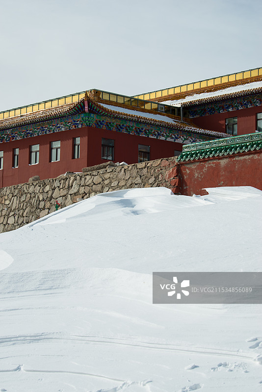 山西五台山，中台翠岩峰，演教寺，西台挂月峰，日出，雪景图片素材
