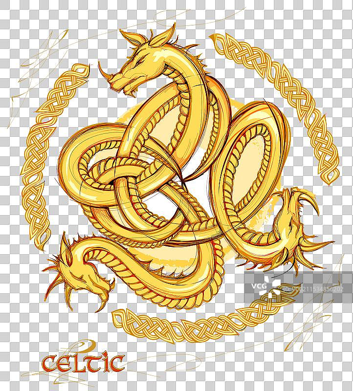 古老的凯尔特风格绘画，描绘旋转的金色龙。图片素材