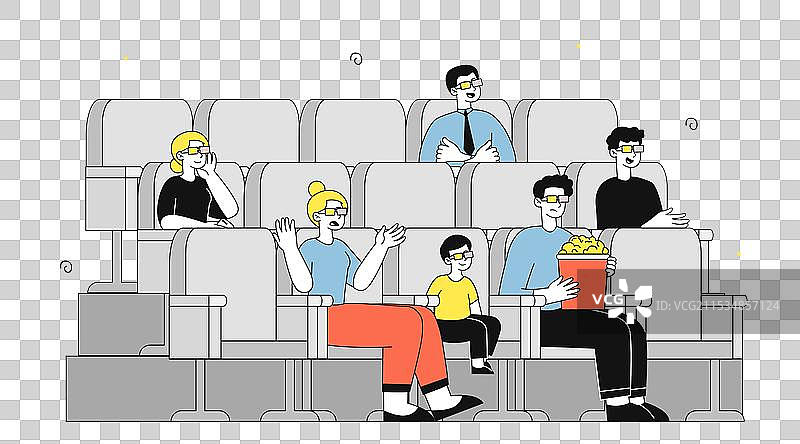 电影院里的人们，男女都戴着3D眼镜。图片素材