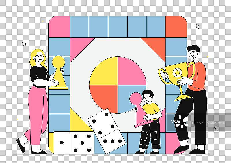 一家人正在玩桌游，男人和女人与孩子一起。图片素材