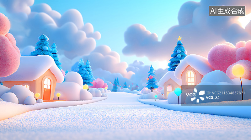 【AI数字艺术】冬天的雪地上小房子三维场景图片素材