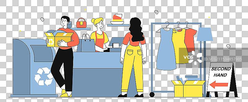 男女在服装回收店购物图片素材