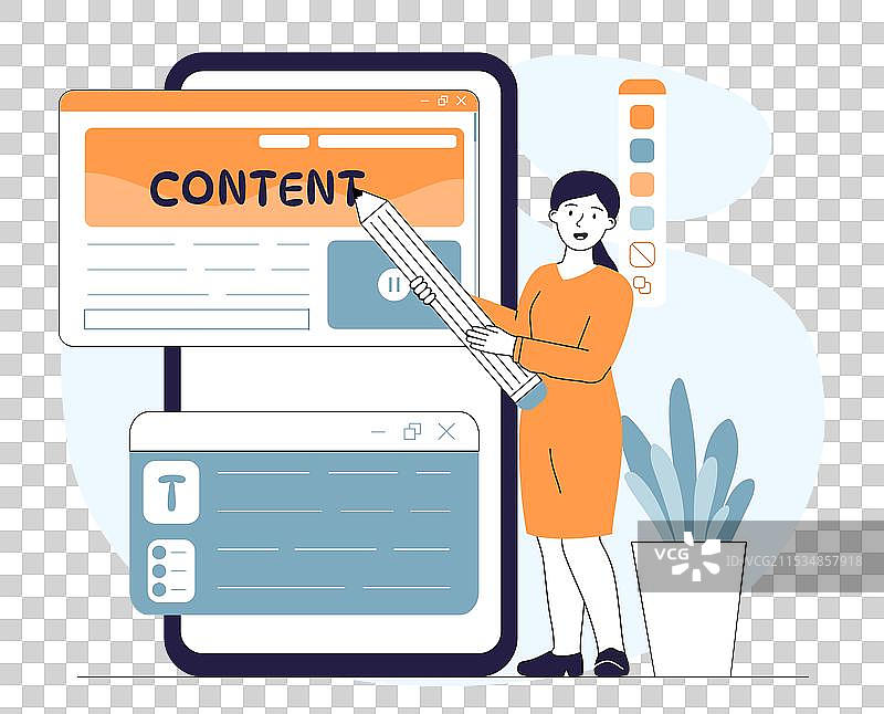 年轻女孩用巨大的铅笔写作内容的女人图片素材