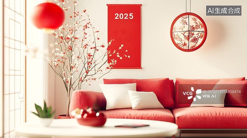 【AI数字艺术】AIGC：新年元旦现代家庭客厅场景 背景图片素材