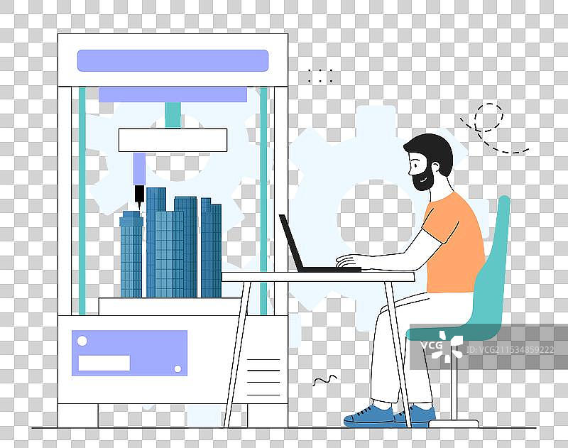 年轻男子用笔记本电脑设计摩天大楼图片素材