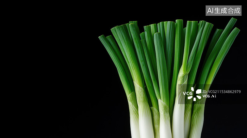 【AI数字艺术】新鲜大葱绿叶黑底图片素材