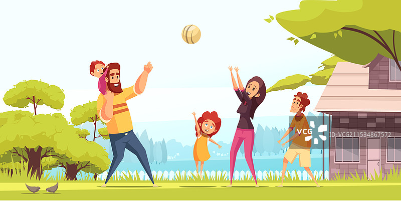 卡通家庭在玩球图片素材