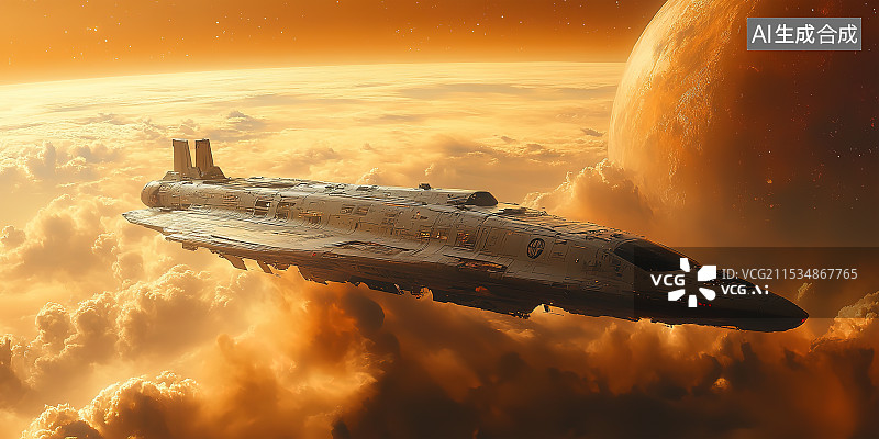 【AI数字艺术】未来科幻片超级大电影荧幕镜头感科幻片场景氛围概念设计创意图 长形太空飞船遨游在宇宙云层外星球旁边图片素材