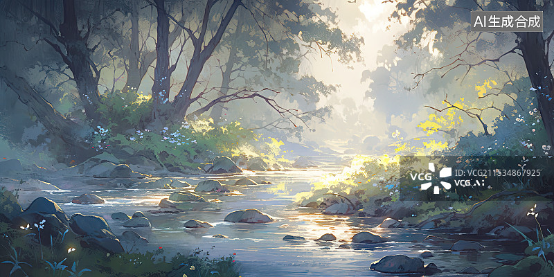 【AI数字艺术】阳光穿过深山丛林中的山涧 照到波光粼粼的潺潺流水小溪河流清澈见底 河边岸上自由生长的野花野草树木植被图片素材