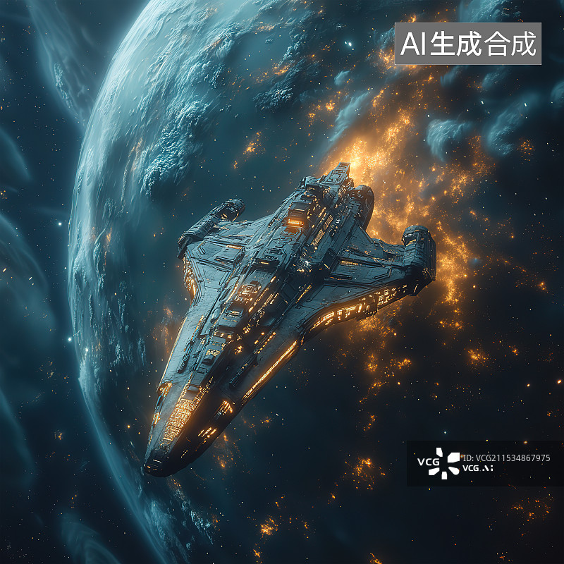 【AI数字艺术】未来科技感星球大战飞行武器装备 复杂的高技术设备 扁平轻巧机型机身设计 飞出地球星球灯光照亮宇宙太空图片素材