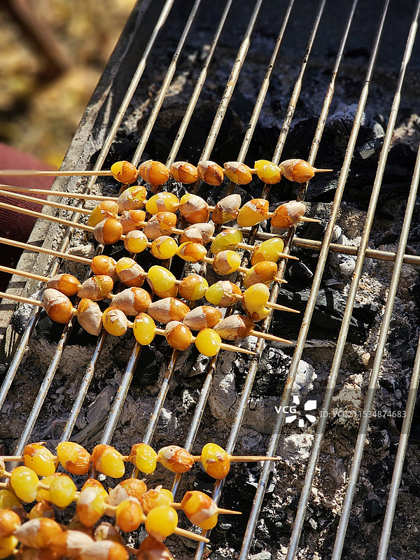 烧烤架上的银杏特写镜头图片素材