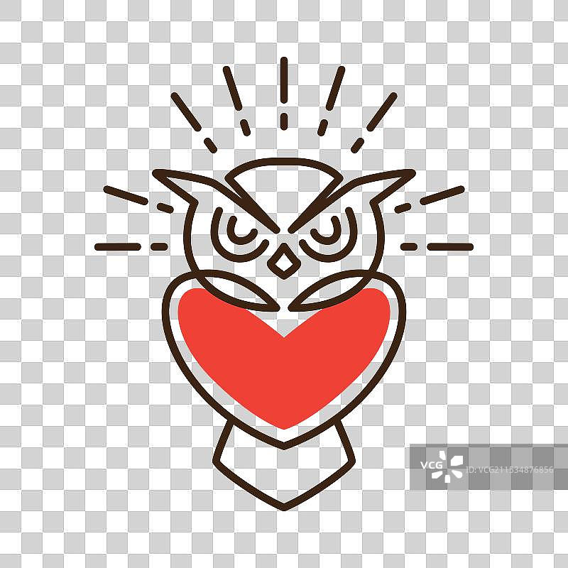 有角的小猫头鹰与爱心和阳光线条的彩色图案图片素材