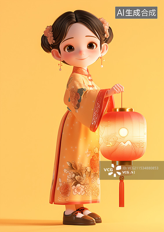 【AI数字艺术】3D拿着灯笼的小女孩图片素材