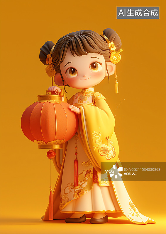 【AI数字艺术】3D拿着灯笼的小女孩图片素材