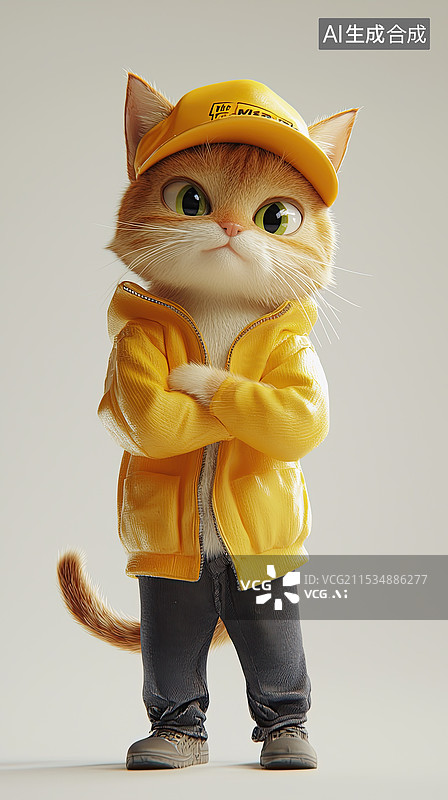 【AI数字艺术】一只穿着黄衣服带着帽子的猫3d卡通形象图片素材