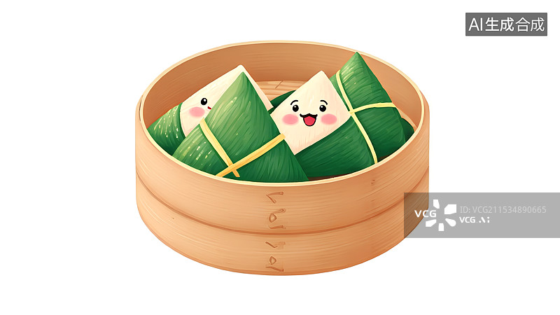 【AI数字艺术】手绘卡通插画，白色背景上的可爱粽子，蒸笼里的粽子，端午节，传统节日，中国传统美食图片素材