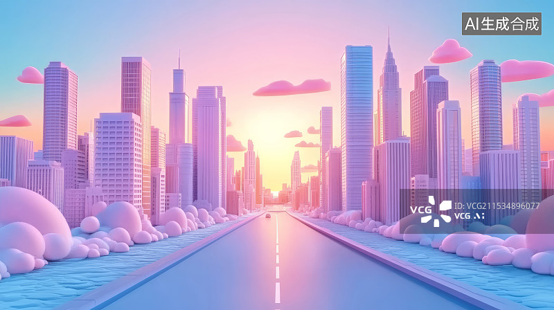 【AI数字艺术】3D渲染糖果色可爱风城市建筑群和道路卡通插画图片素材