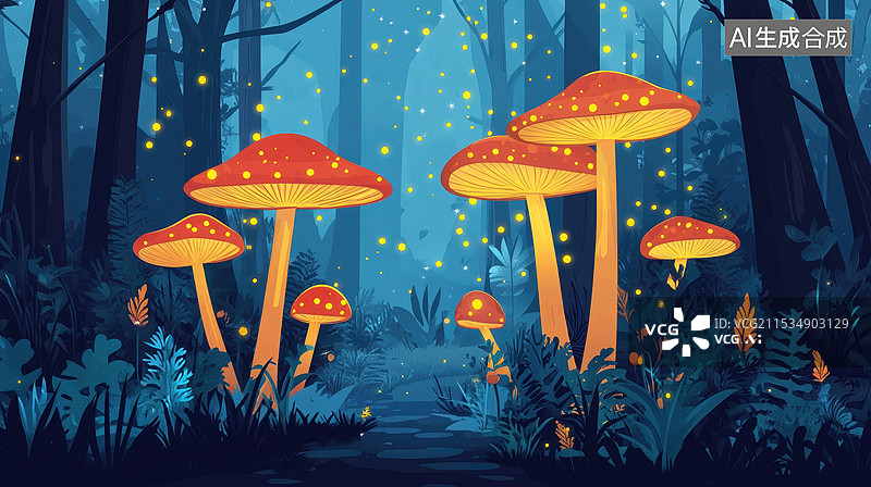 【AI数字艺术】萤火虫森林中的巨型蘑菇图片素材