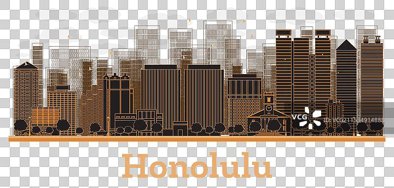 檀香山夏威夷城市天际线轮廓与橙色背景图片素材