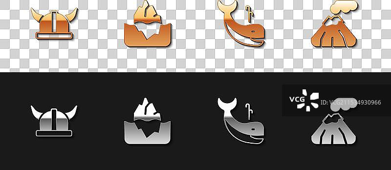 戴着角盔的维京人在冰山和鲸鱼旁边图片素材