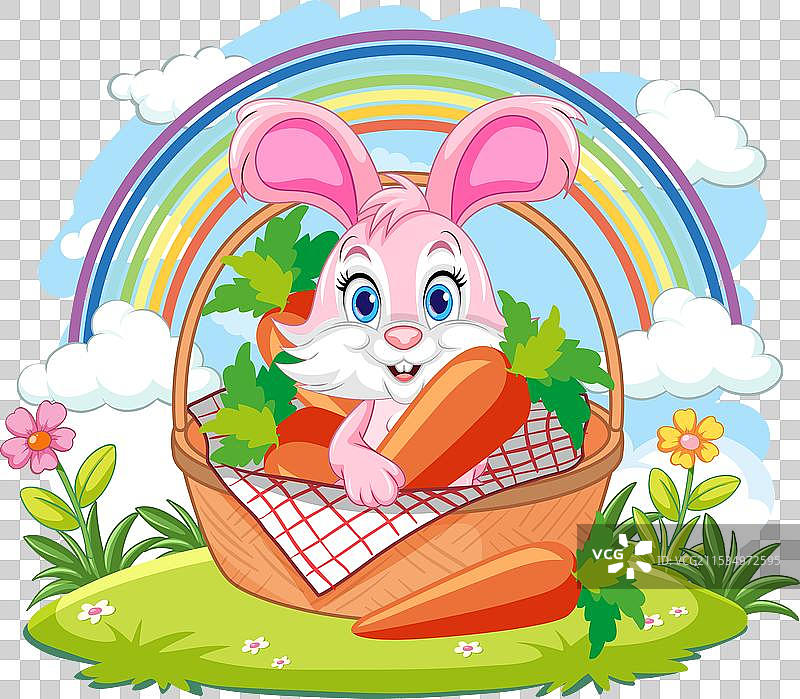 可爱的兔子坐在篮子里，彩虹下方。图片素材
