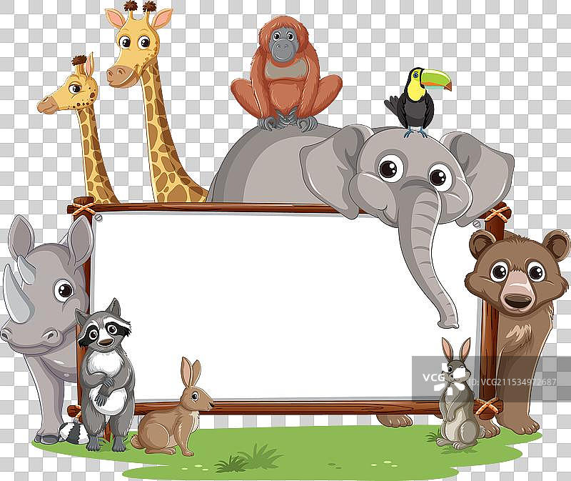 卡通动物围绕着一个空框架。图片素材