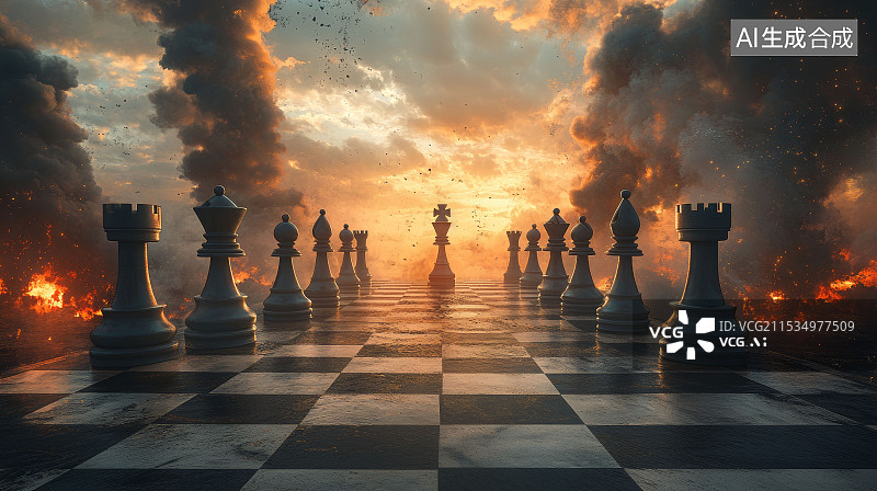 【AI数字艺术】巨大国际象棋棋盘，背景是战场弥漫的硝烟图片素材