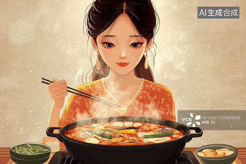【AI数字艺术】一个美女在吃火锅麻辣烫图片素材