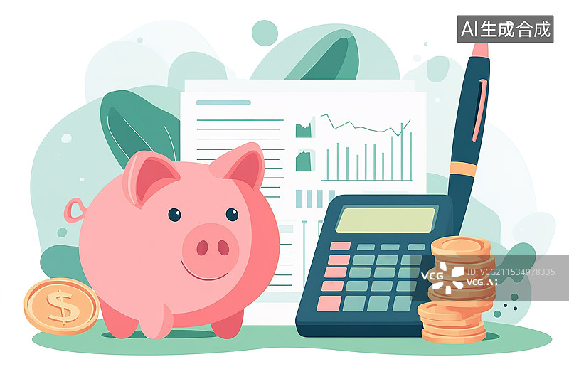 【AI数字艺术】扁平风小猪存钱罐计算器和金币插画——金融理财存钱概念图片素材