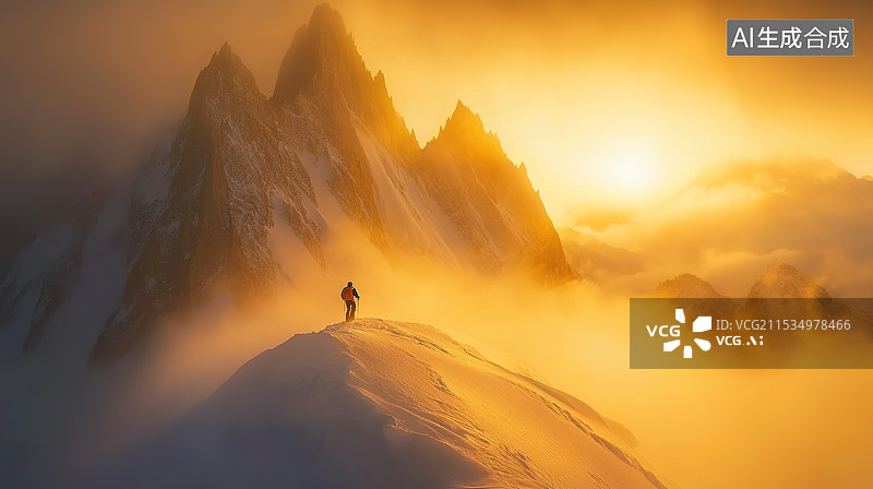 【AI数字艺术】登山者攀登在日出皑皑白雪的山峰上图片素材