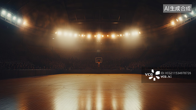 【AI数字艺术】探照灯光背景下的空旷的篮球场插画图片素材