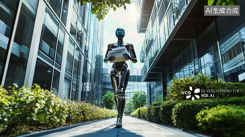 【AI数字艺术】高科技城市建筑间的机器人行走场景图片素材