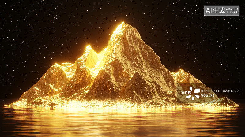 【AI数字艺术】黑色背景下的金色闪光山峰与水面图片素材