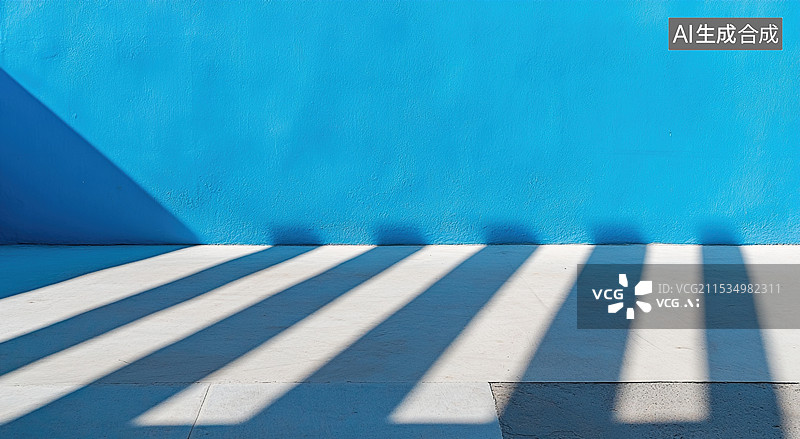 【AI数字艺术】阳光透过窗户照进蓝色墙壁和木地板的室内空间图片素材
