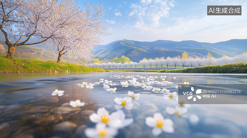 【AI数字艺术】山间清流与烂漫春光图片素材