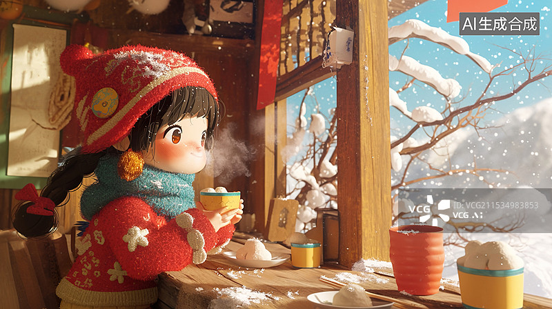 【AI数字艺术】新年冬季大寒节气腊八节女孩包子下雪图图片素材