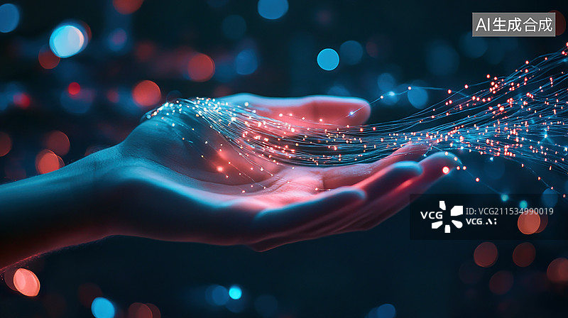 【AI数字艺术】手持光纤，互联网信息高速公路图片素材