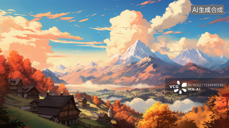 【AI数字艺术】山下的秋日村庄，童话般的山间小镇图片素材