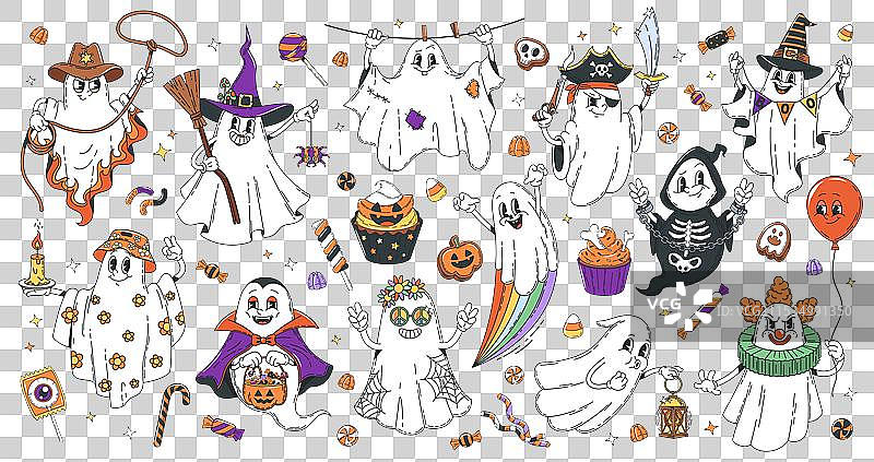 卡通万圣节酷炫鬼魂角色与糖果图片素材