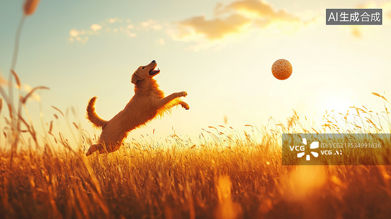 【AI数字艺术】夕阳下的狗追逐球的瞬间图片素材