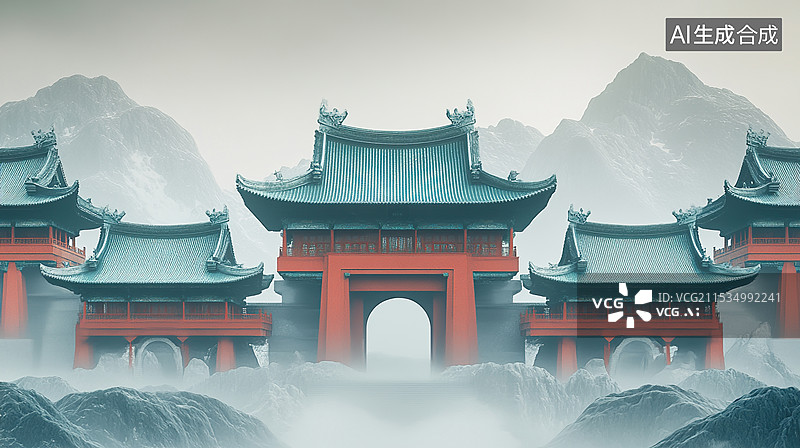 【AI数字艺术】古代建筑高山云雾图片素材
