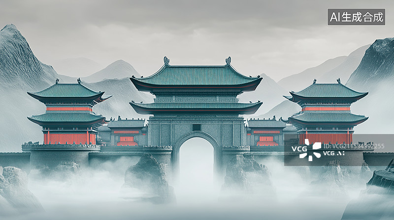 【AI数字艺术】古代建筑高山云雾图片素材