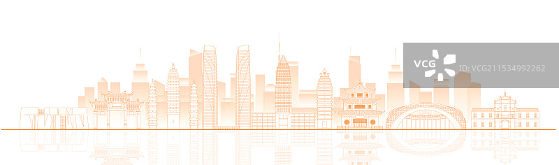 昆明城市建筑科技现代橙色线稿矢量插画图片素材
