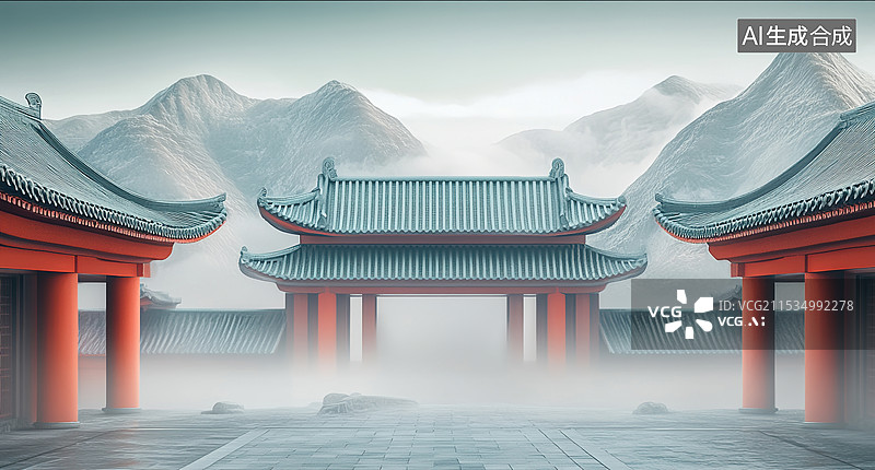 【AI数字艺术】古代建筑高山云雾图片素材