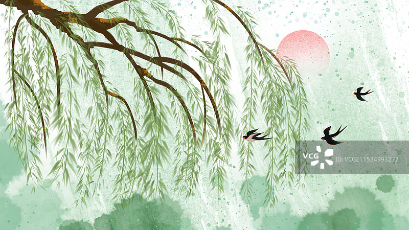 中国风春分抽象艺术柳树泼墨晕染诗意水墨画图片素材