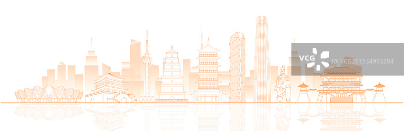 西安城市建筑科技现代橙色线稿矢量插画图片素材