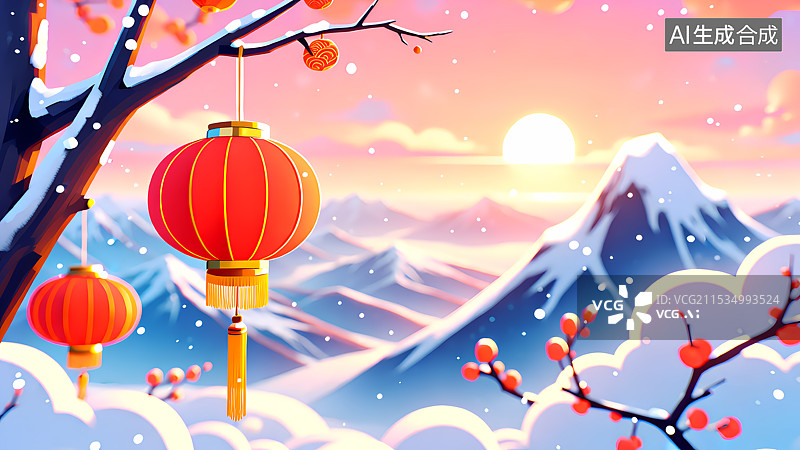 【AI数字艺术】冬天挂在树枝上的灯笼插画图片素材