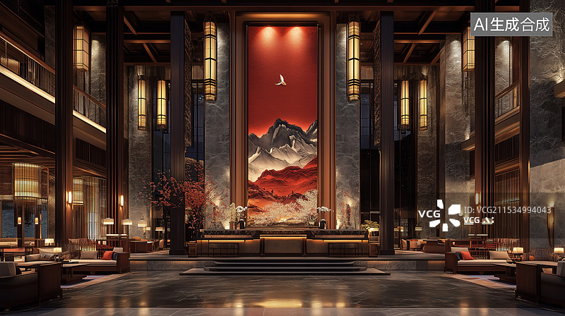 【AI数字艺术】中式豪华酒店大堂夜景图片素材