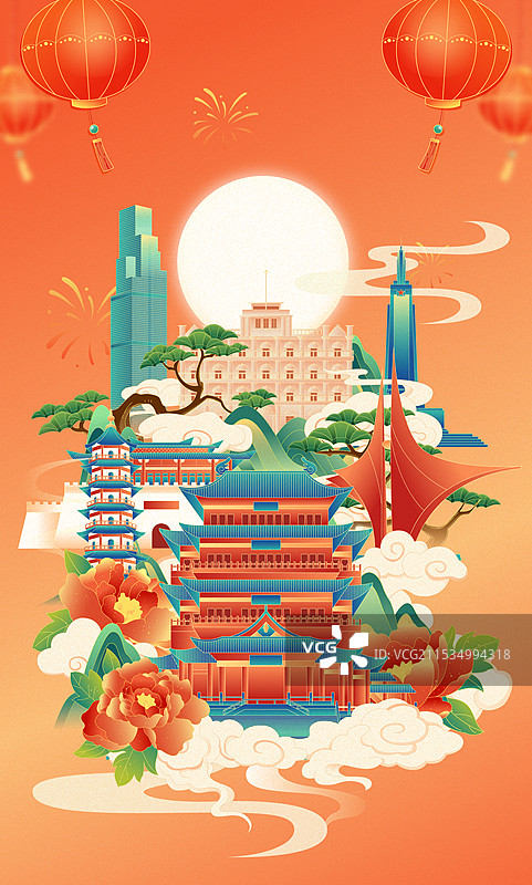 国风蛇年春节新年南昌城市建筑矢量插画图片素材