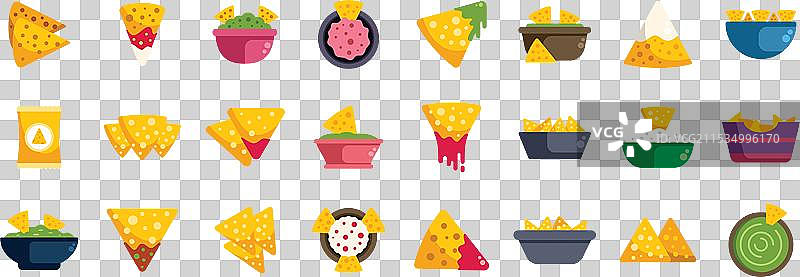 玉米片图标集，配有蘸酱和奶酪，墨西哥美食图片素材